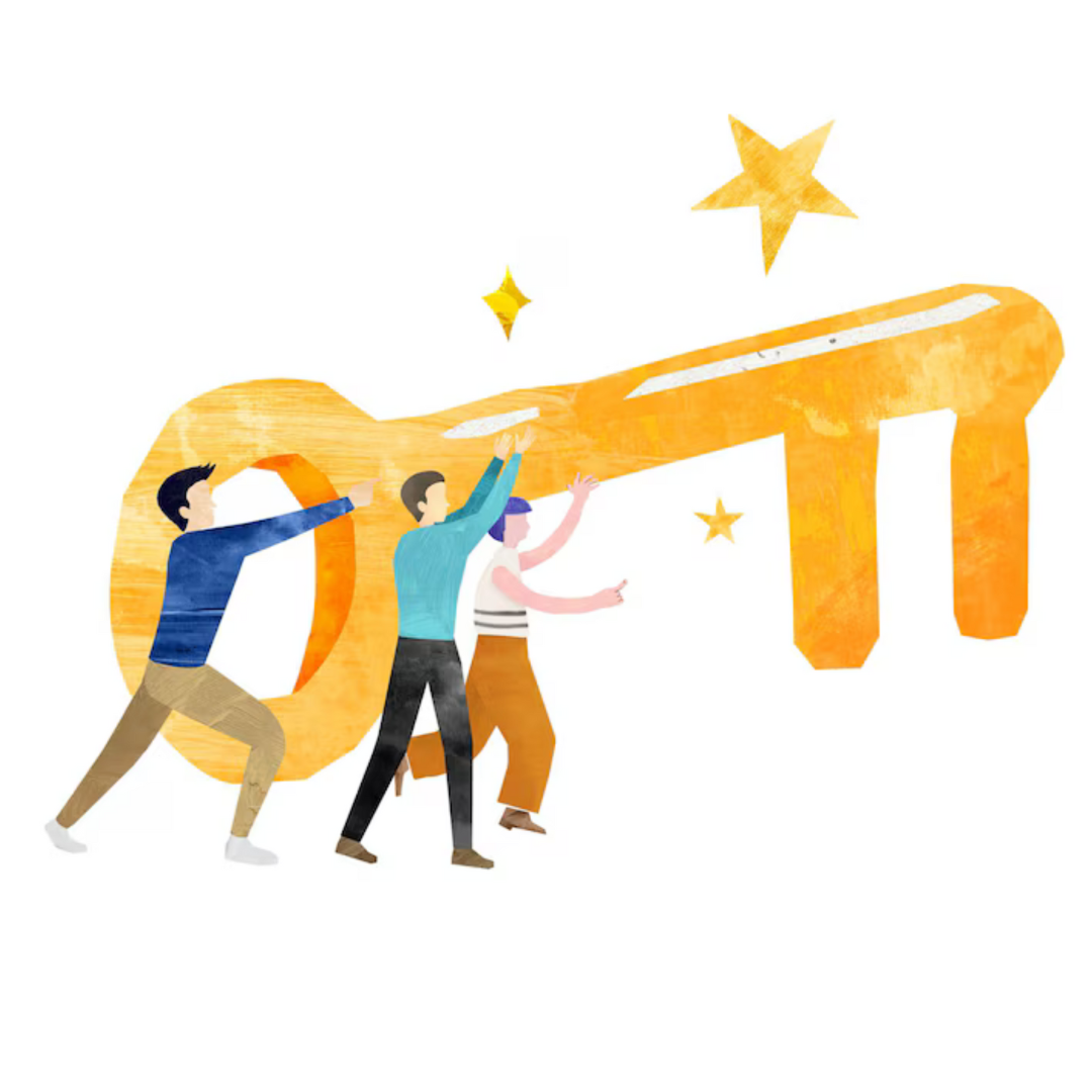 graphic 3 people holding key to symbol growth